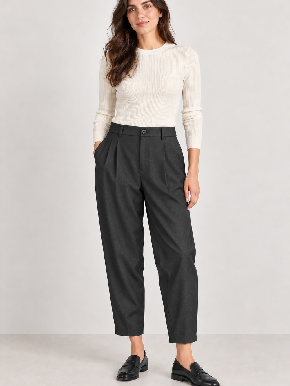 Zara Black High Rise Pleated Tapered Ankle Trousers Pants US 8